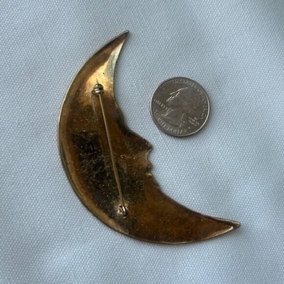 LARGE Gold Crescent Moon Face Vintage BROOCH - Picture 10 of 10